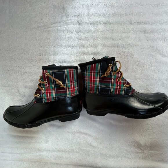 J.Crew Sperry Saltwater Plaid Navy Boots Size 6M Waterproof Rubber J9516 NWOT - Picture 2 of 8